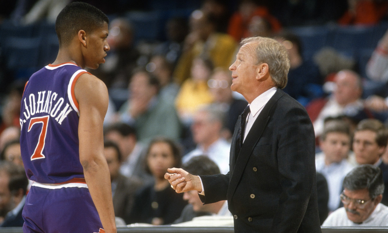 Cotton Fitzsimmons talks to Kevin Johnson. The new Hall of Famer coached the Phoenix Suns three times, 1970-72, 1988-92, and 1996