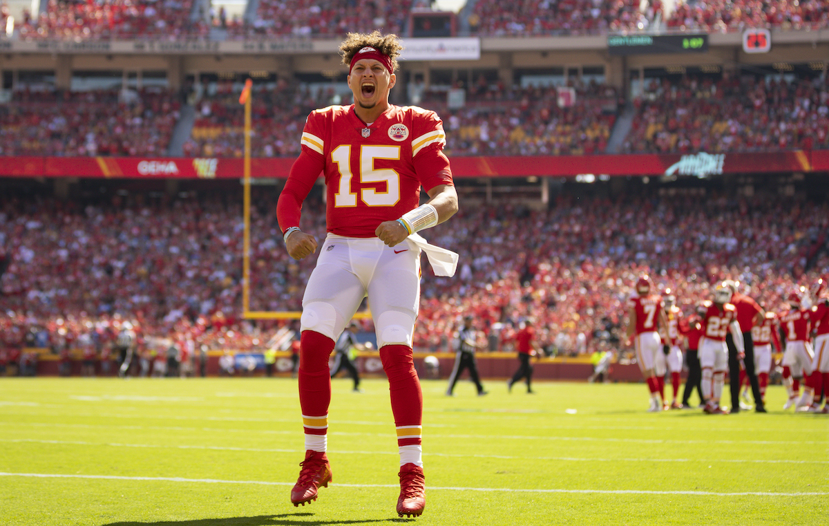 Patrick Mahomes #15 of the Kansas City Chiefs shouts to the crowd