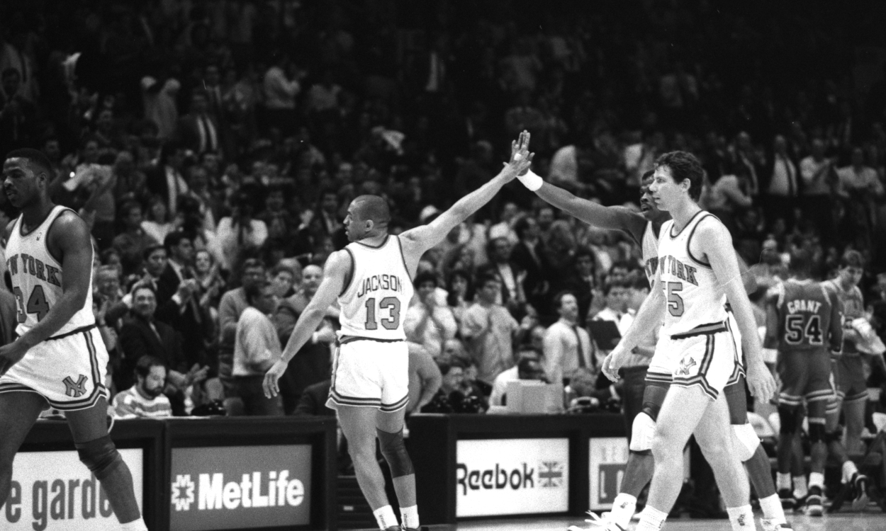 Mark Jackson celebrates a Game 2 win over Michael Jordan and the Chicago Bulls in the 1989 NBA playoffs