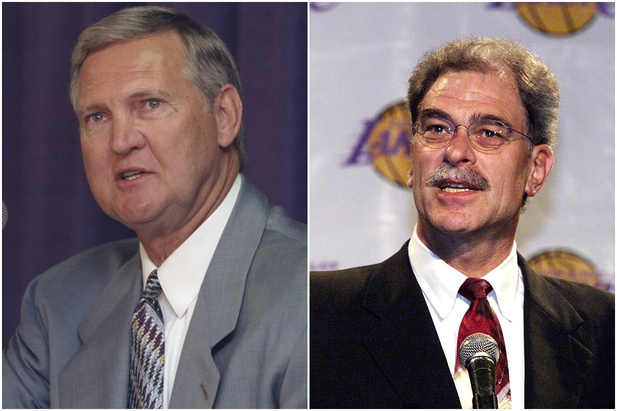 Jerry West and Phil Jackson at separate Los Angeles Lakers press conferences.