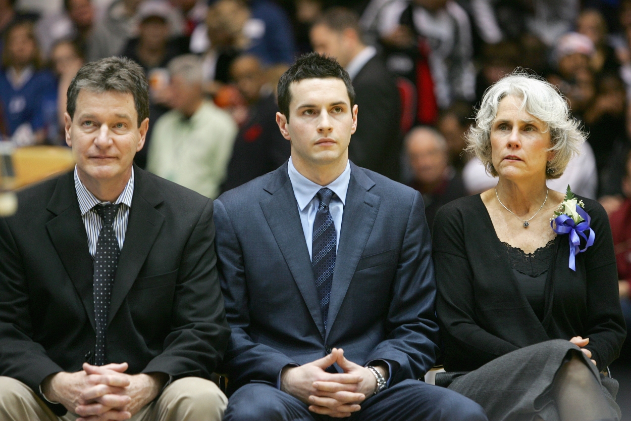 JJ Redick's Duke jersey is retired at a game at Cameron Indoor Stadium.