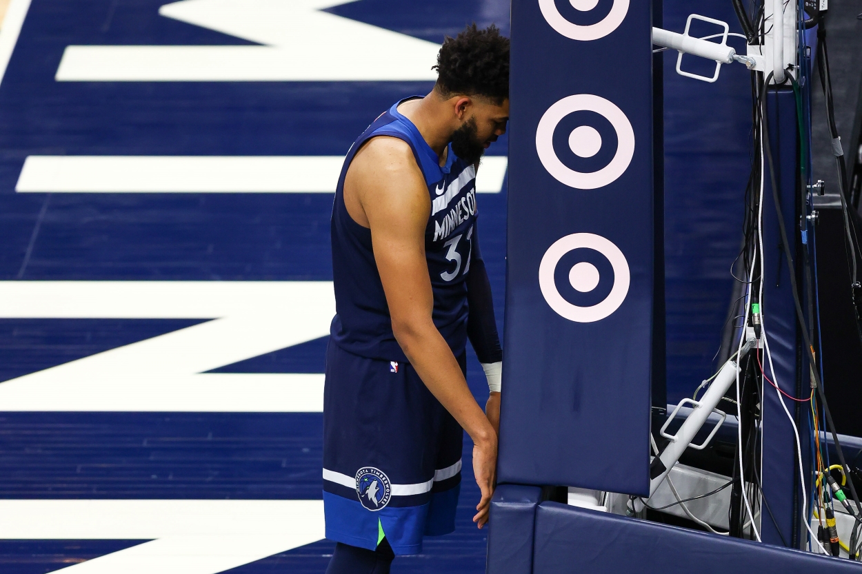 Karl-Anthony Towns of the Minnesota Timberwolves reacts after a play during the fourth quarter against the Golden State Warriors.
