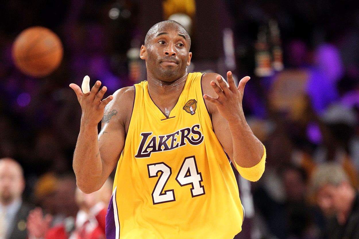 Kobe Bryant of the Los Angeles Lakers shrugs during a game in the 2010 NBA Finals.