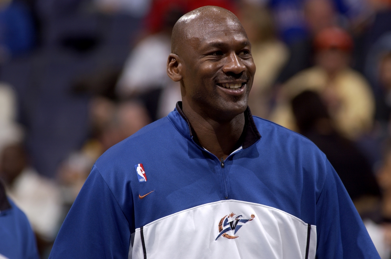 Michael Jordan warms up before a Washington Wizards game in 2003.