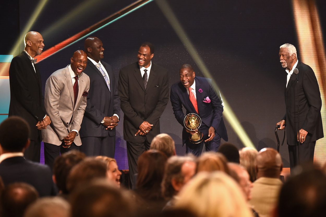 Bill Russell cracks a joke at the expense of five of the NBA's best centers, headlined by Kareem Abdul-Jabbar and Shaquile O'Neal.