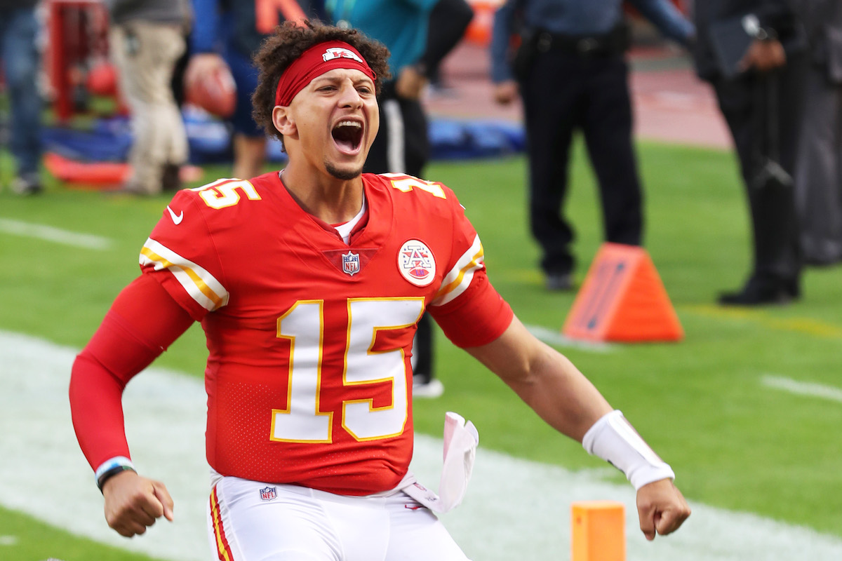 Patrick Mahomes screams after scoring a touchdown
