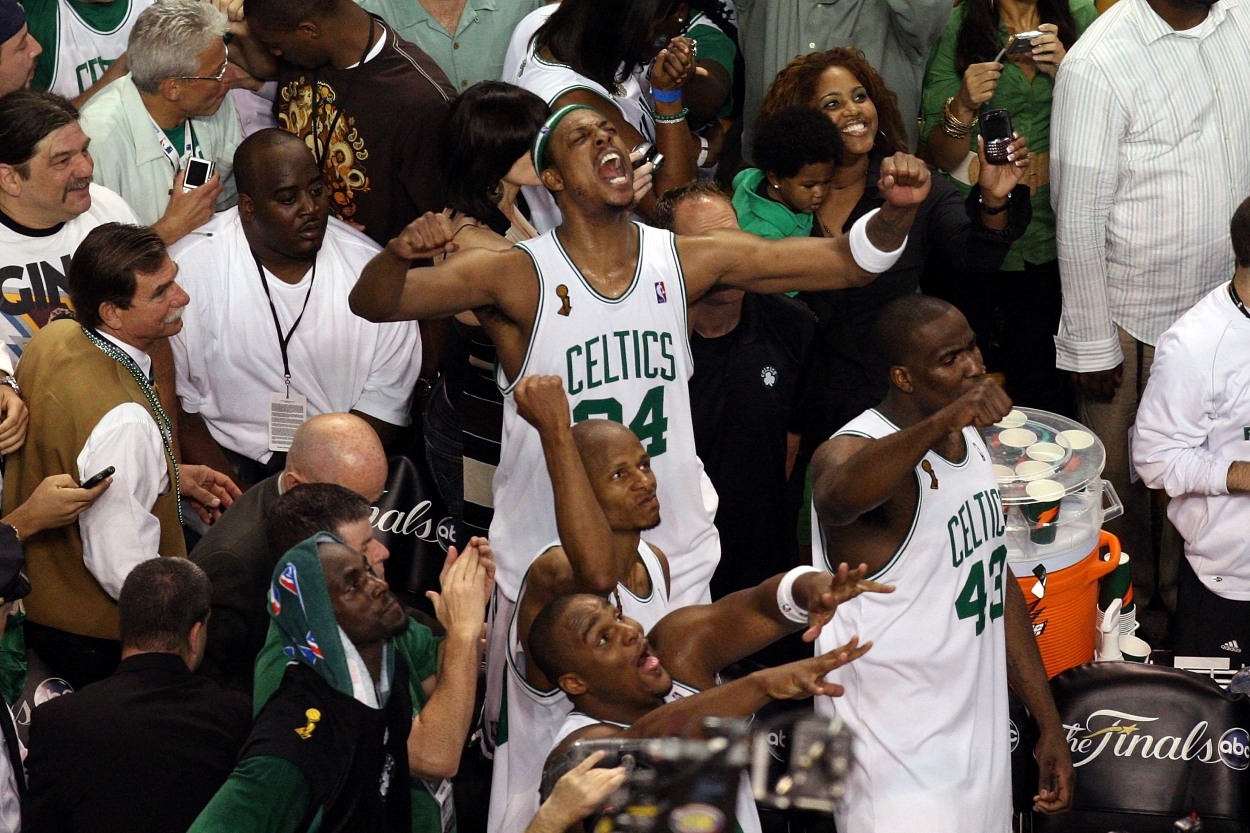 Paul Pierce used a draft-day slide as motivation to win the 2008 NBA Championship as he holds up the Larry O'Brien Trophy.