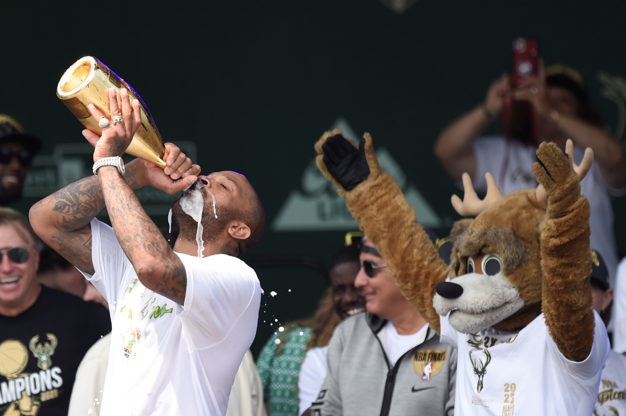 P.J. Tucker celebrates during the Milwaukee Bucks 2021 NBA Championship Victory Parade and Rally.