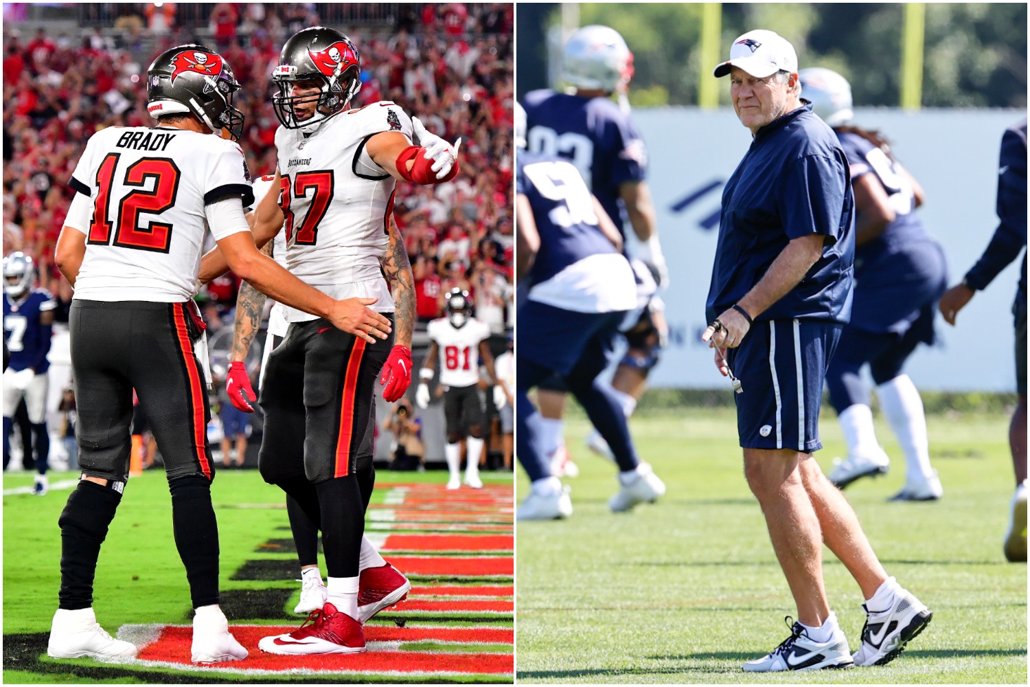 Tampa Bay Buccaneers teammates Tom Brady and Rob Gronkowski celebrate scoring a touchdown as New England Patriots head coach Bill Belichick watches his team practice.