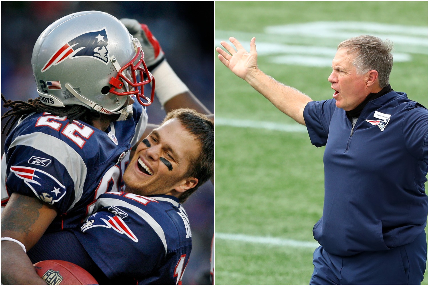 Asante Samuel gets embraced by Tom Brady as New England Patriots head coach Bill Belichick expresses frustration during a game.