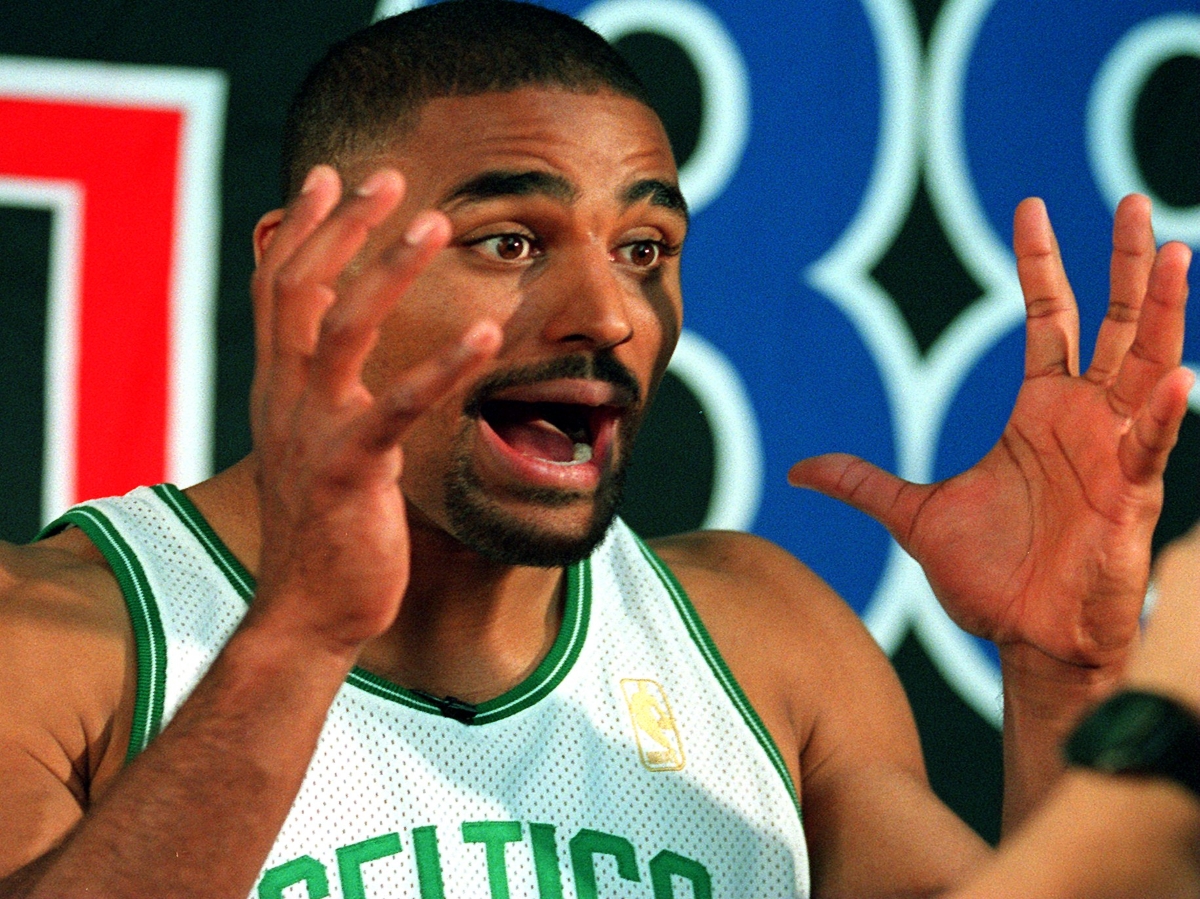 Rick Fox of the Boston Celtics gestures during media day.