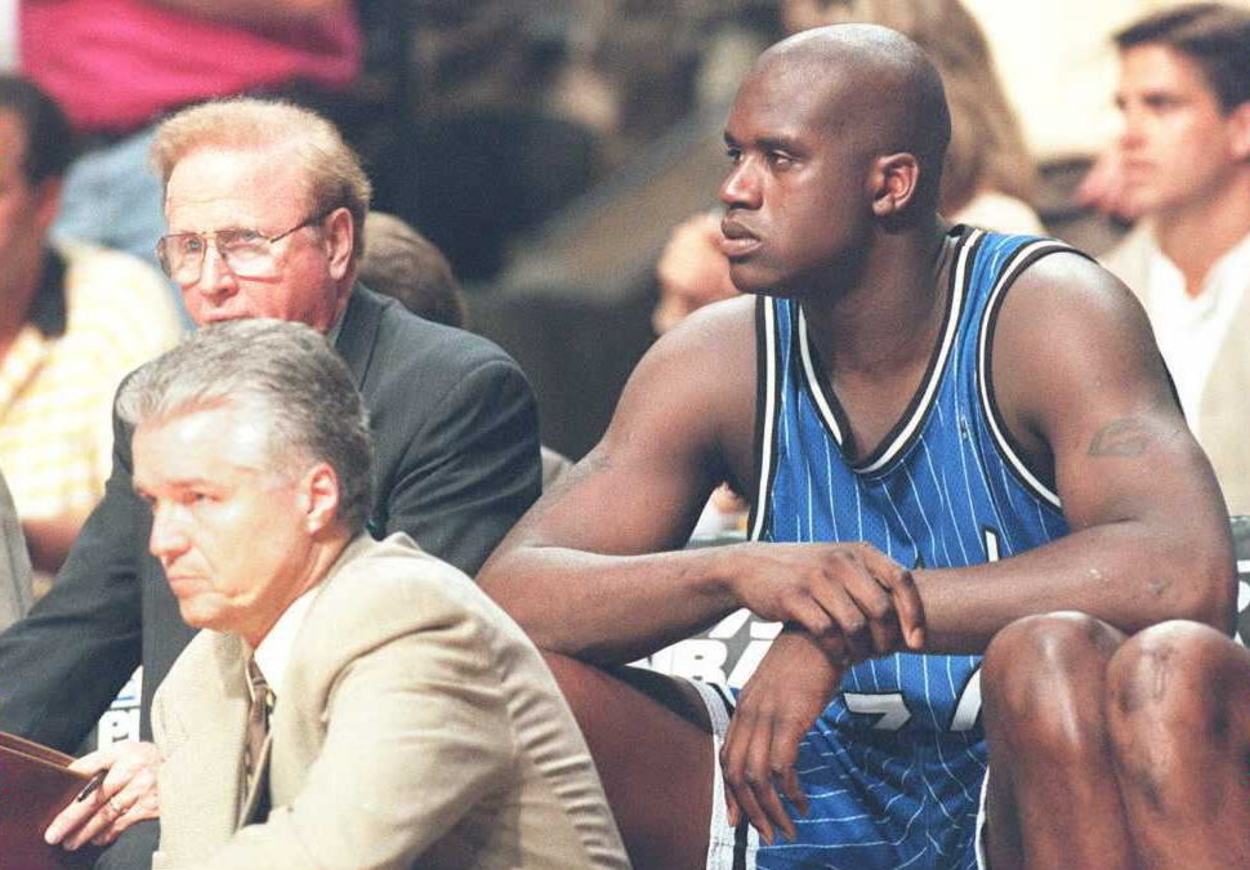 Orlando Magic center Shaquille O'Neal sits solemnly from the bench as the Orlando Magic lose to the Indiana Pacers.