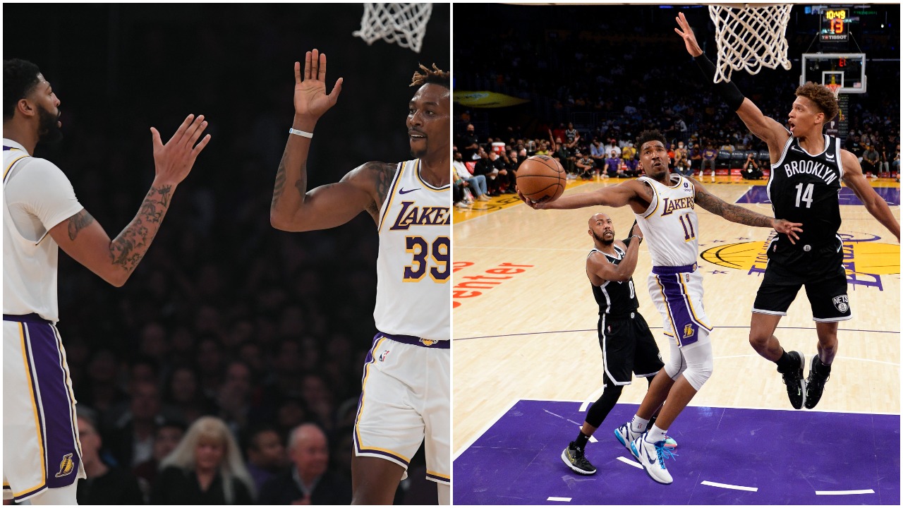 Lakers teammates Anthony Davis and Dwight Howard high-five, Malik Monk drives to the rim during the 2021 NBA preseason opener
