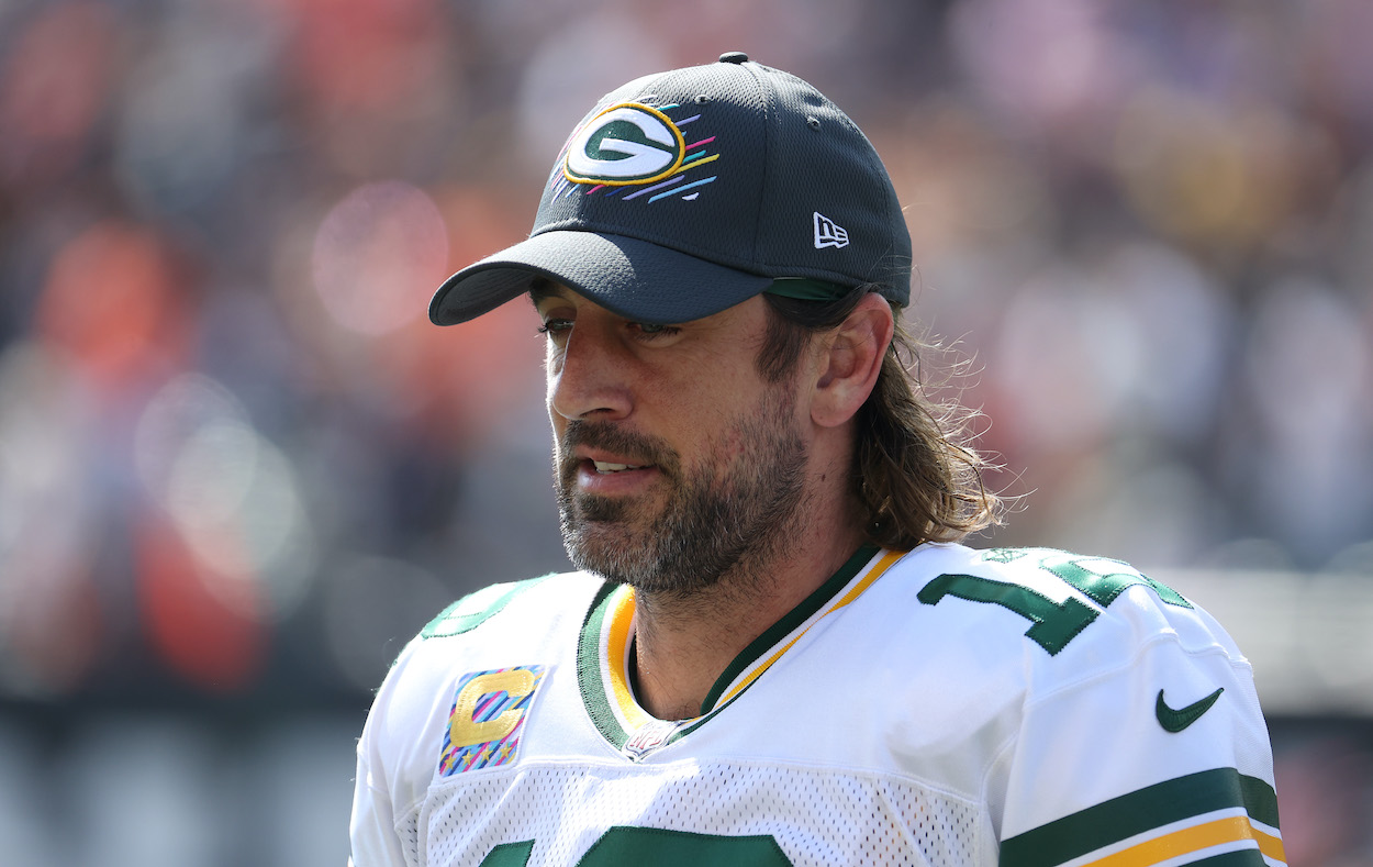 Aaron Rodgers of the Green Bay Packers against the Cincinnati Bengals at Paul Brown Stadium on October 10, 2021 in Cincinnati, Ohio.