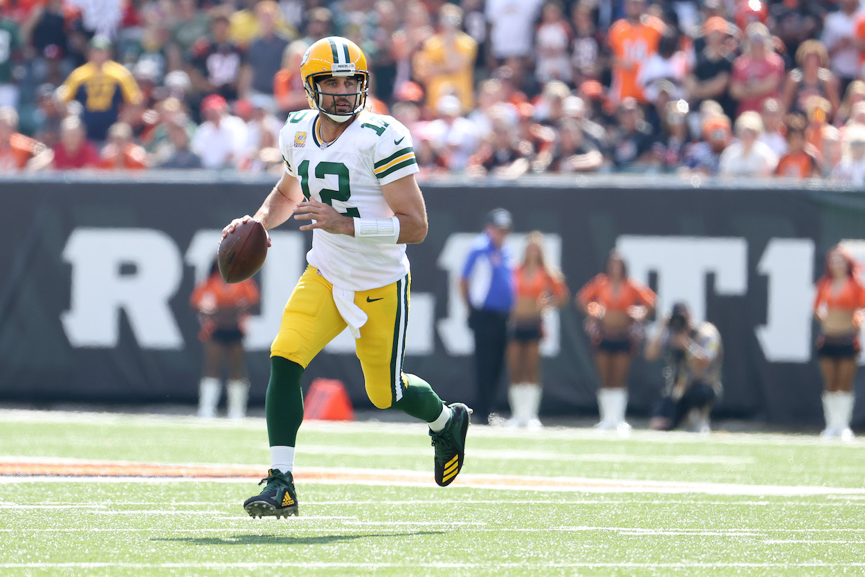 Aaron Rodgers of the Green Bay Packers throws the ball during the first half against the Cincinnati Bengals at Paul Brown Stadium on October 10, 2021 in Cincinnati, Ohio.