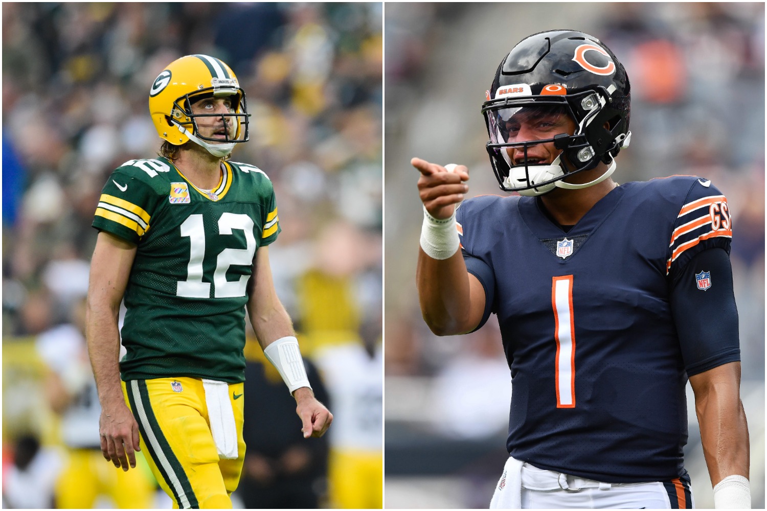 Green Bay Packers quarterback Aaron Rodgers looks on during a game as Chicago Bears QB Justin Fields points to the sideline after a play.