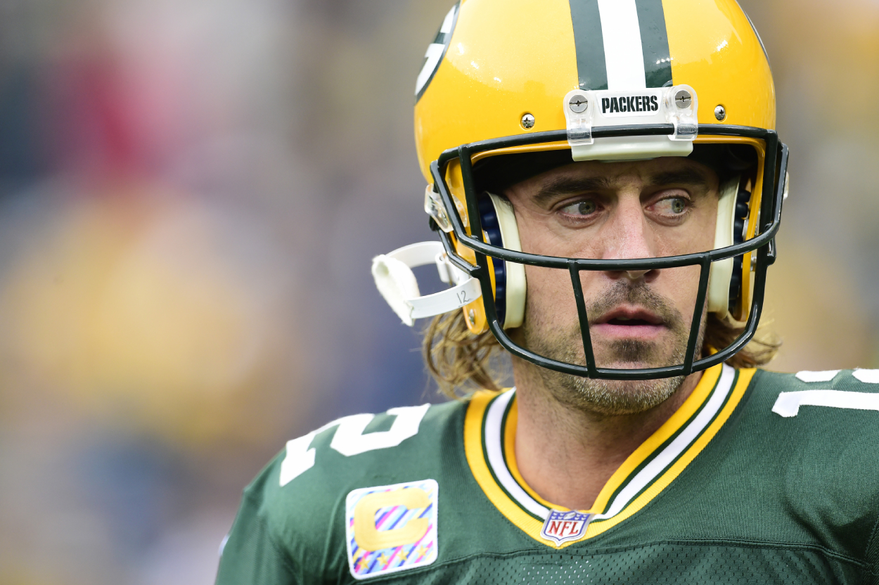 Green Bay Packers quarterback Aaron Rodgers before a game against the Steelers in 2021.