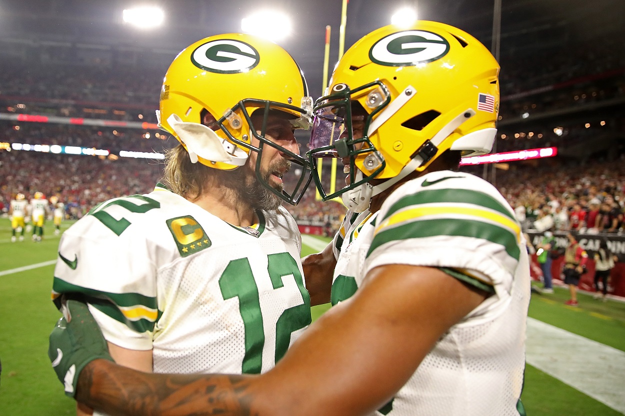 Aaron Rodgers and Rasul Douglas of the Green Bay Packers 