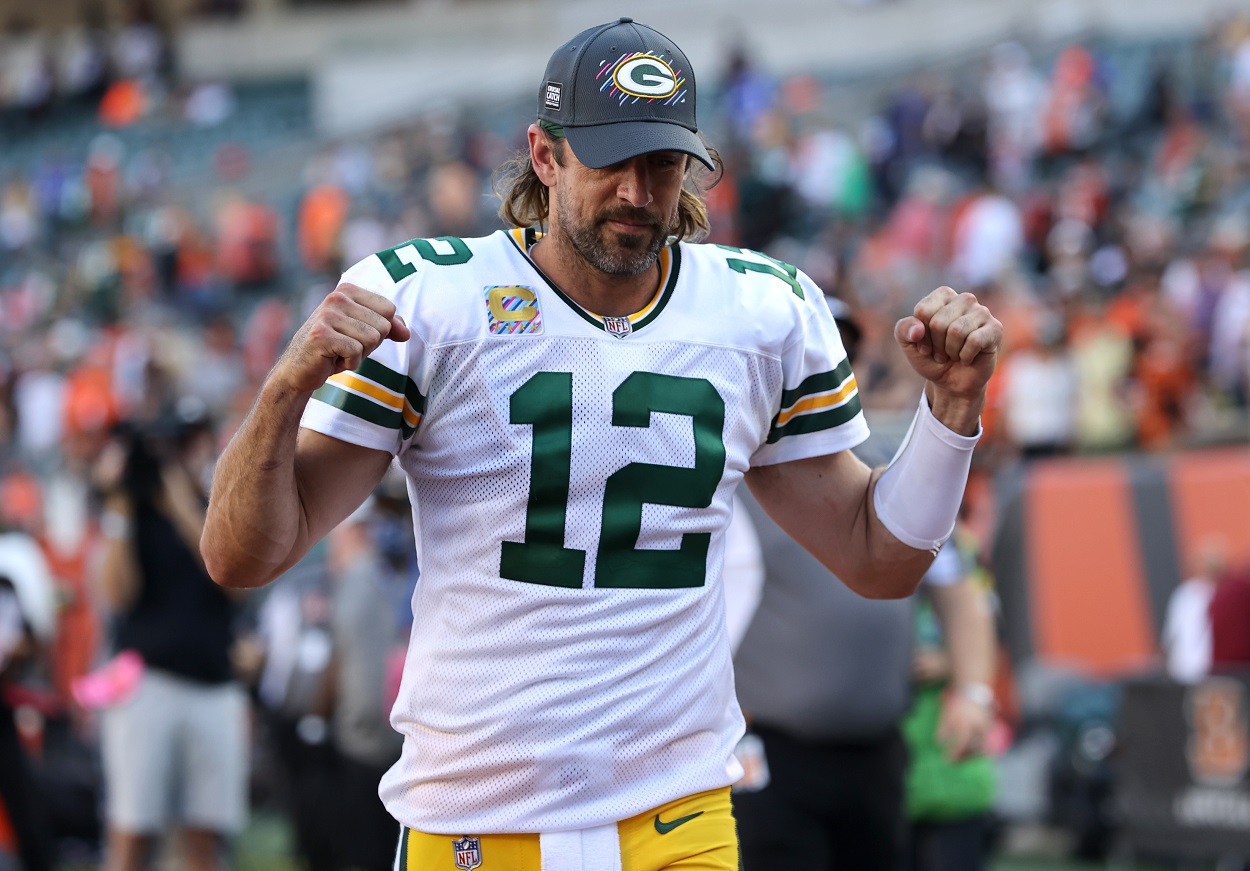 Aaron Rodgers celebrates a win for the Green Bay Packers 