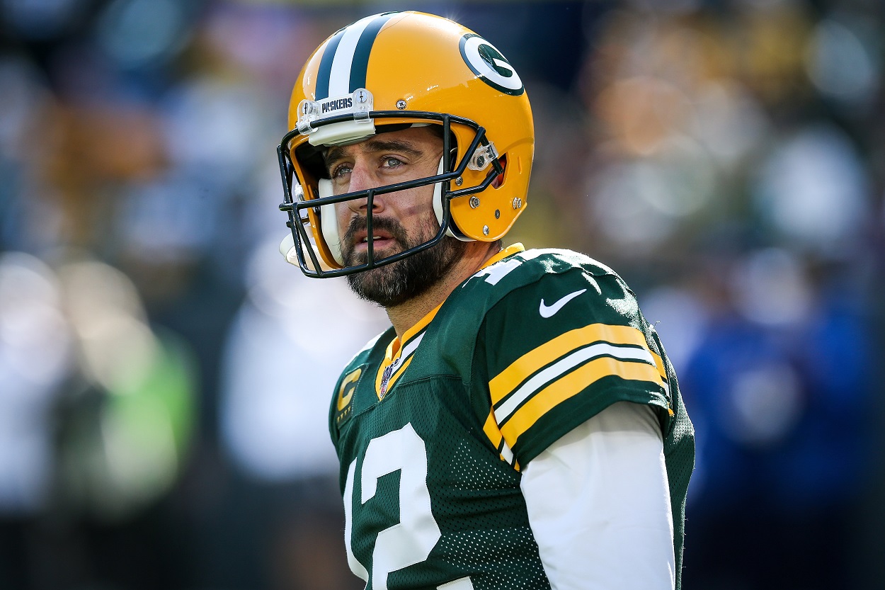 Quarterback Aaron Rodgers of the Green Bay Packers plays a game against the Oakland Raiders at Lambeau Field