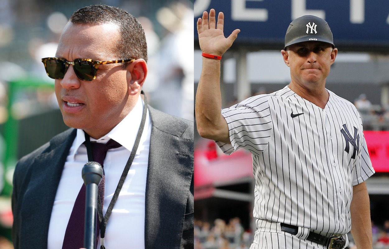 MLB legend Alex Rodriguez (L) and New York Yankees third base coach Phil Nevin in 2021.