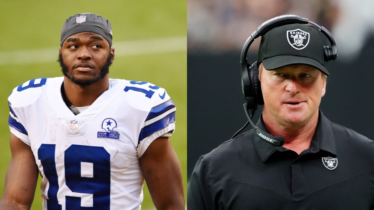 Cowboys WR Amari Cooper walking off the field; Jon Gruden walking on the sideline