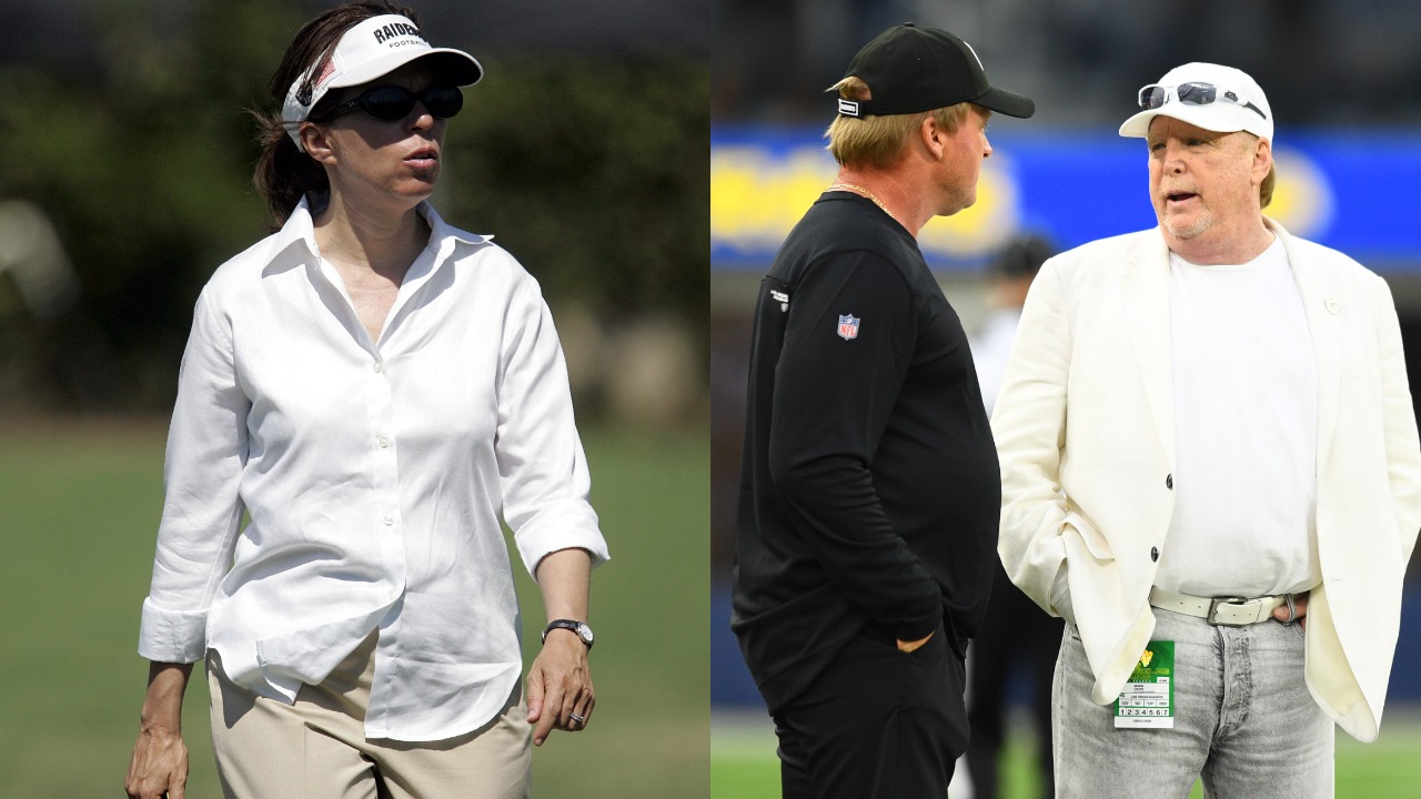 Former Raiders CEO Amy Trask walks during training camp; Jon Gruden and Mark Davis talk before a game
