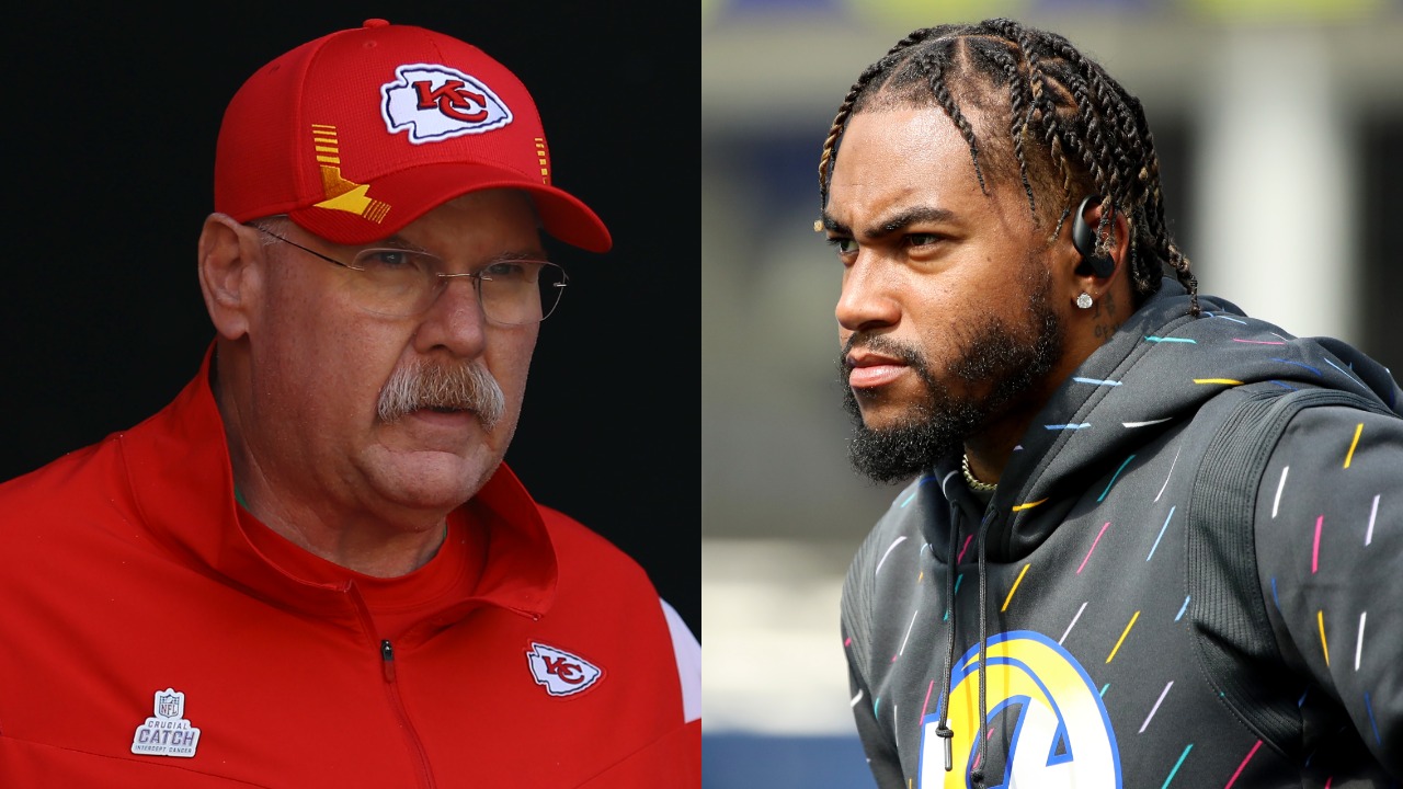 Andy Reid leads Patrick Mahomes and the Chiefs out of the tunnel; Rams WR DeSean Jackson warms up before a game