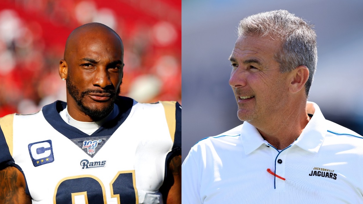(L-R) Cornerback Aqib Talib of the Los Angeles Rams exits the field following the Rams 55-40 loss to the Tampa Bay Buccaneers at Los Angeles Memorial Coliseum on September 29, 2019 in Los Angeles, California; Head coach Urban Meyer of the Jacksonville Jaguars watches warm ups prior to the game against the Arizona Cardinals at TIAA Bank Field on September 26, 2021 in Jacksonville, Florida.