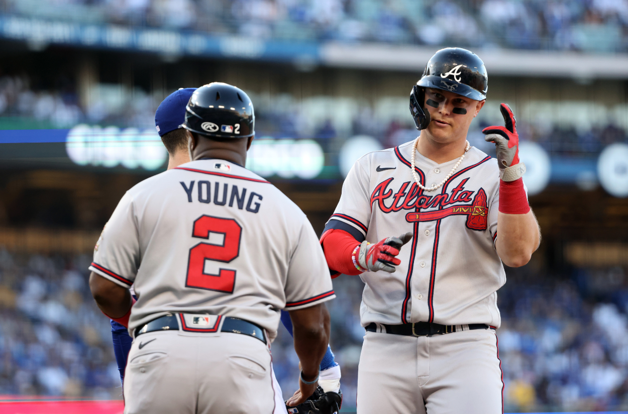 Joc Pederson of the Atlanta Braves reacts after a single.