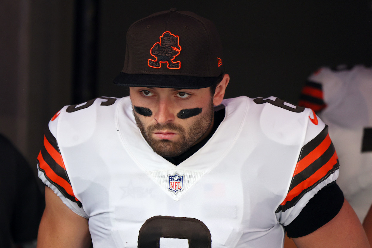 Baker Mayfield of the Cleveland Browns in the tunnel before the game against the Minnesota Vikings at U.S. Bank Stadium on October 03, 2021 in Minneapolis, Minnesota.