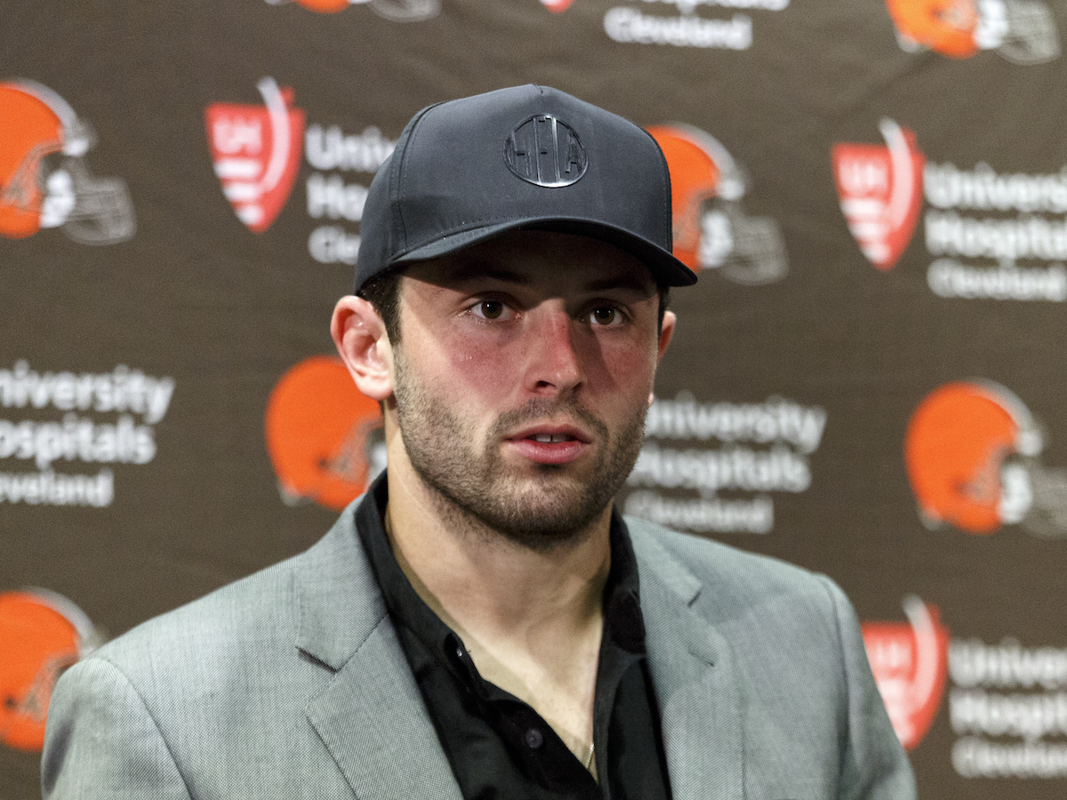 Quarterback Baker Mayfield, #6 of the Cleveland Browns, addresses the media during the press conference after the game against the Tampa Bay Buccaneers at Raymond James Stadium on October 21, 2018, in Tampa, Florida