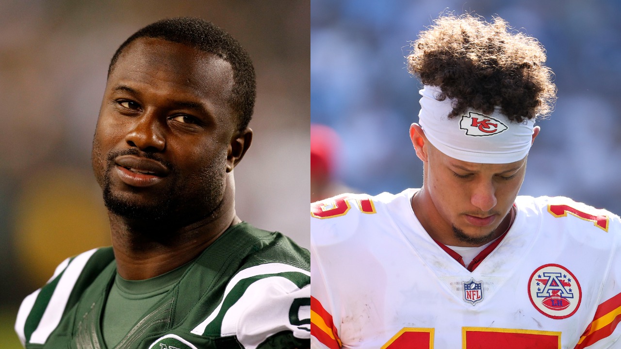 ESPN's Bart Scott playing for the New York Jets; Chiefs QB Patrick Mahomes walks with his head down