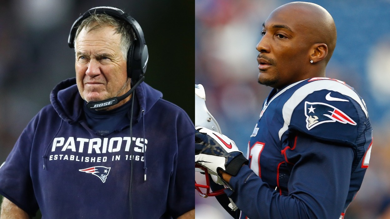 (L-R) Head coach Bill Belichick of the New England Patriots looks on against the Tampa Bay Buccaneers during the second half at Gillette Stadium on October 03, 2021 in Foxborough, Massachusetts; Aqib Talib of the New England Patriots watches from the sideline against the Indianapolis Colts in the second half at Gillette Stadium on November 18, 2012 in Foxboro, Massachusetts.