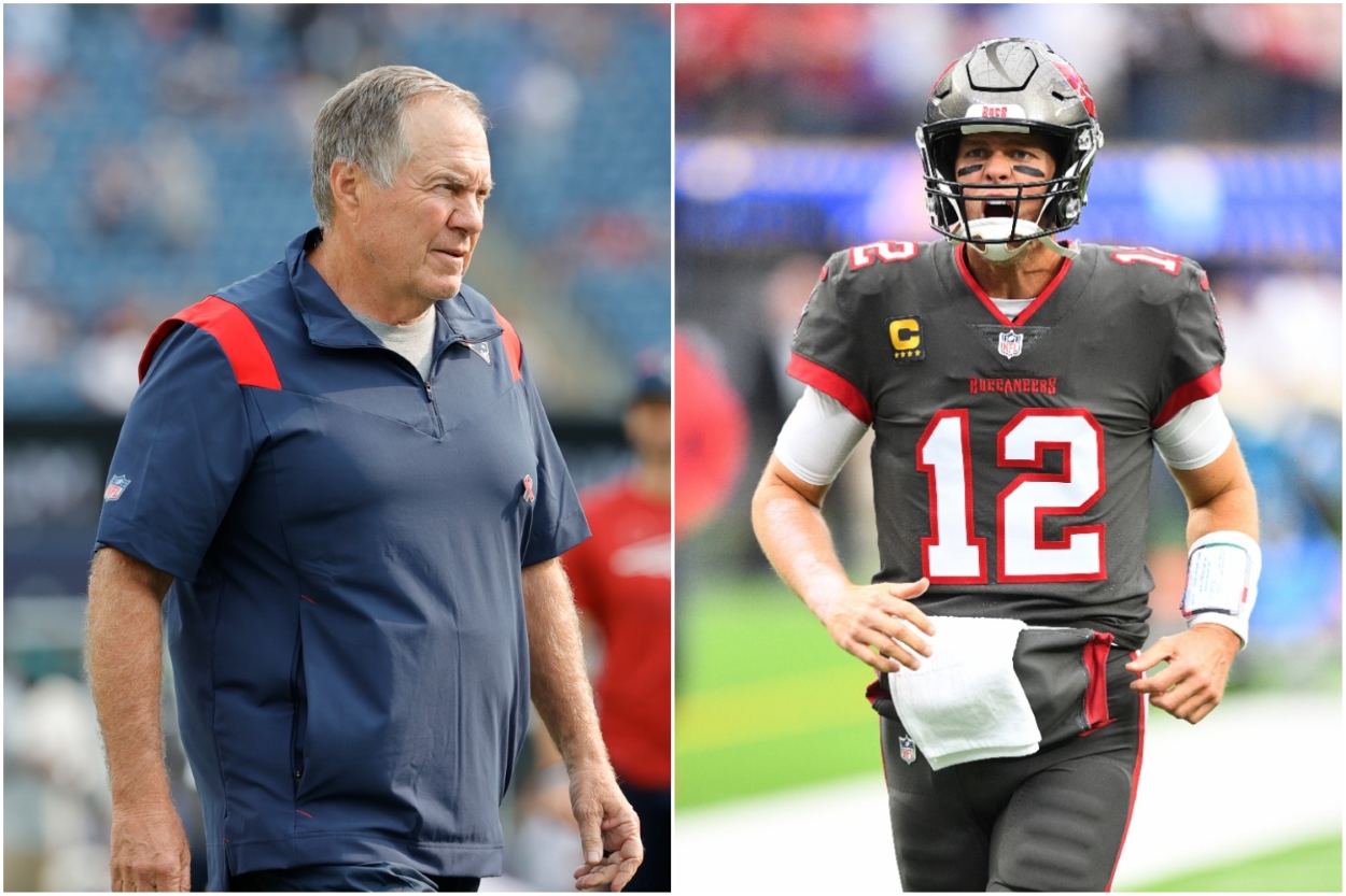 New England Patriots head coach Bill Belichick walks onto the field as Buccaneers QB Tom Brady gets ready for a game.