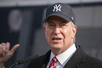 New York City mayor Bill de Blasio speaks during a press conference about COVID-19 vaccination hub at Yankee Stadium on Feb. 5, 2021, in New York City.