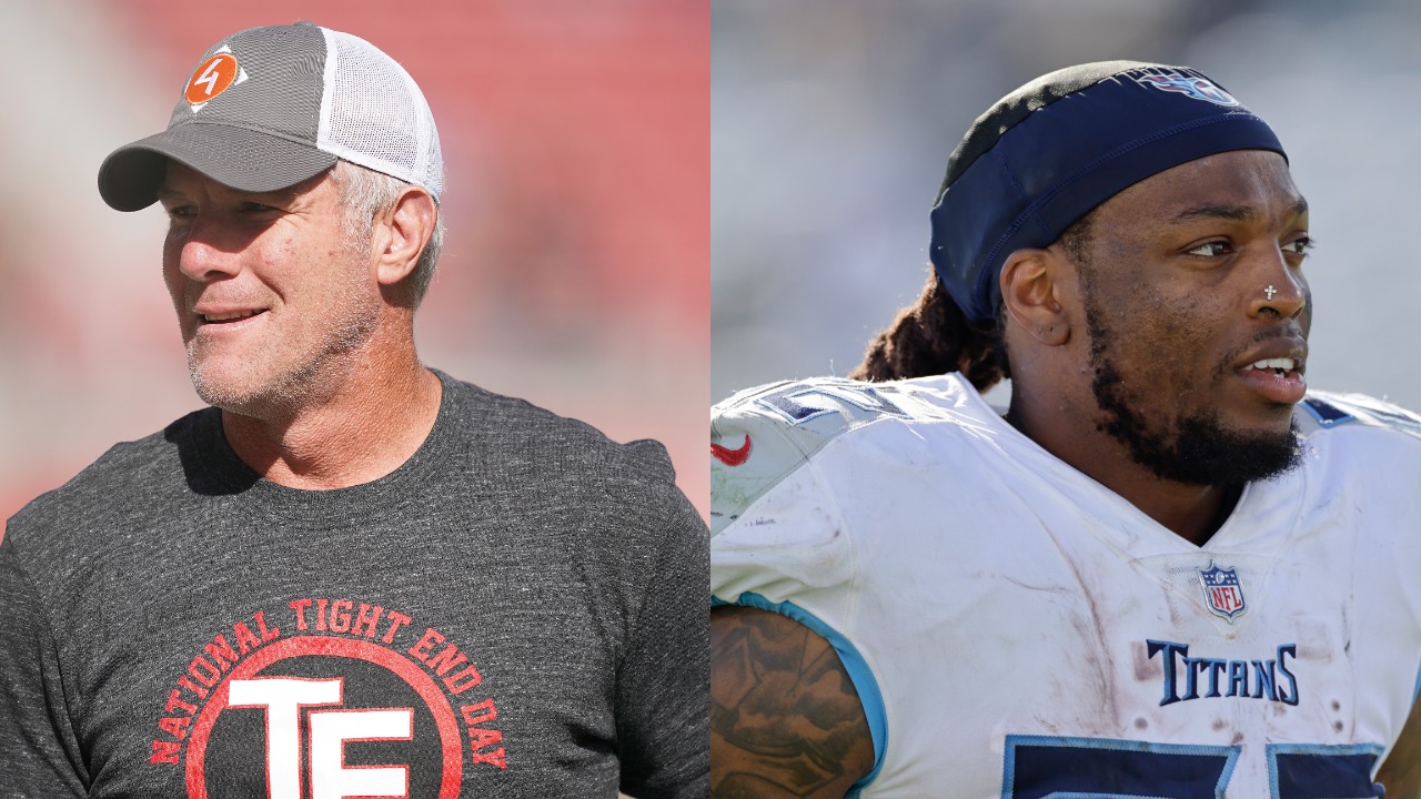 Brett Favre attending an NFL game; Derrick Henry on the field with his helmet off