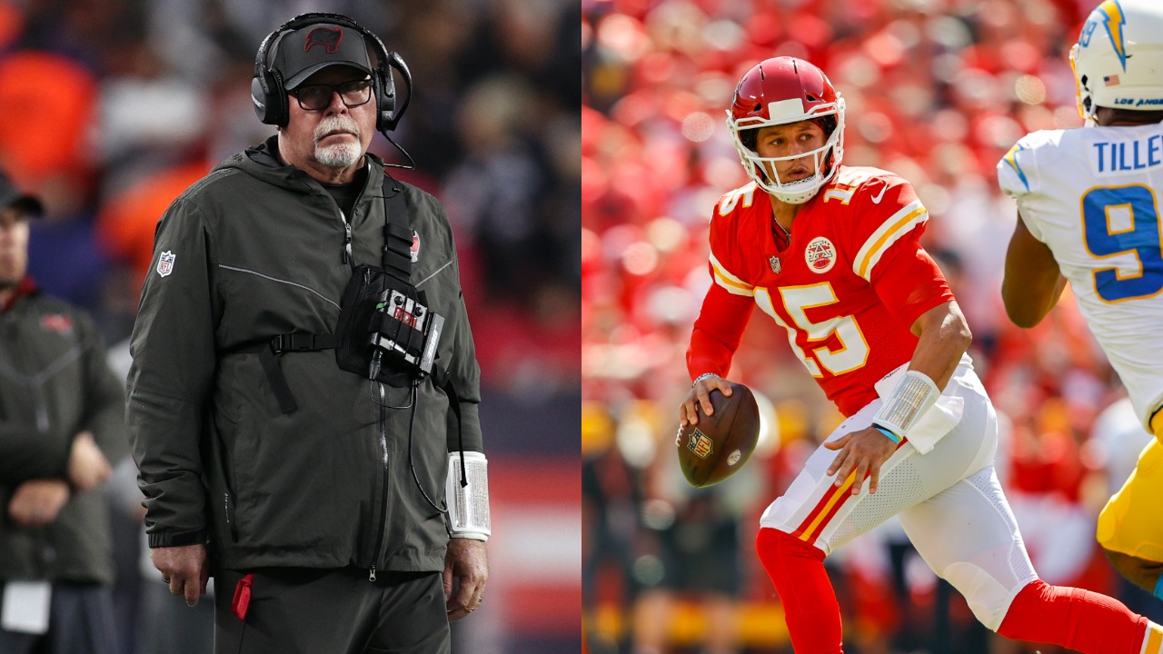 Buccaneers head coach on the sideline; Patrick Mahomes in action against Justin Herbert's Chargers