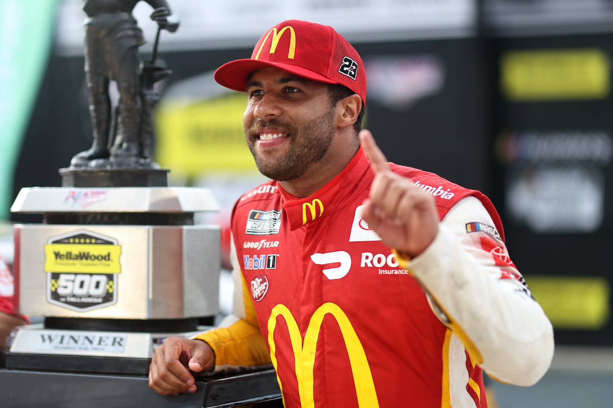 Bubba Wallace celebrates winning NASCAR race