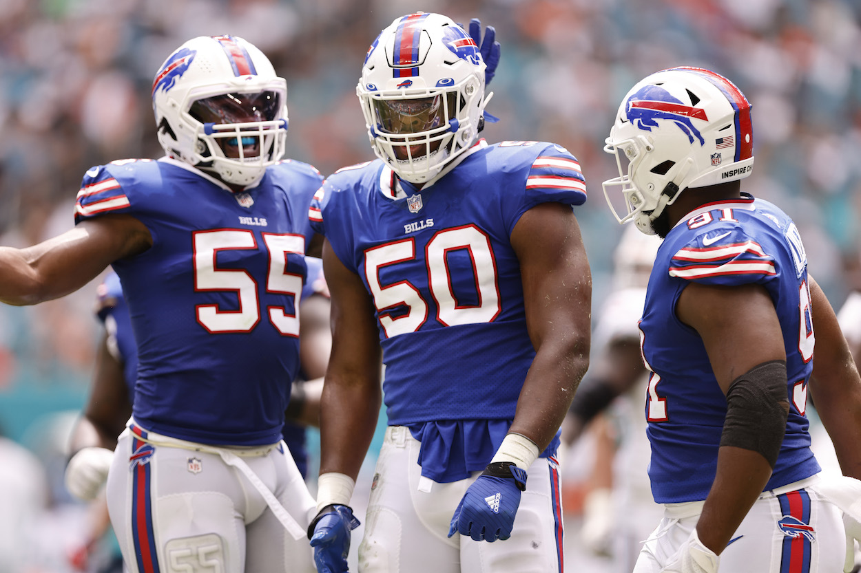 Greg Rousseau of the Buffalo Bills celebrates after a sack against the Miami Dolphins at Hard Rock Stadium on September 19, 2021 in Miami Gardens, Florida.