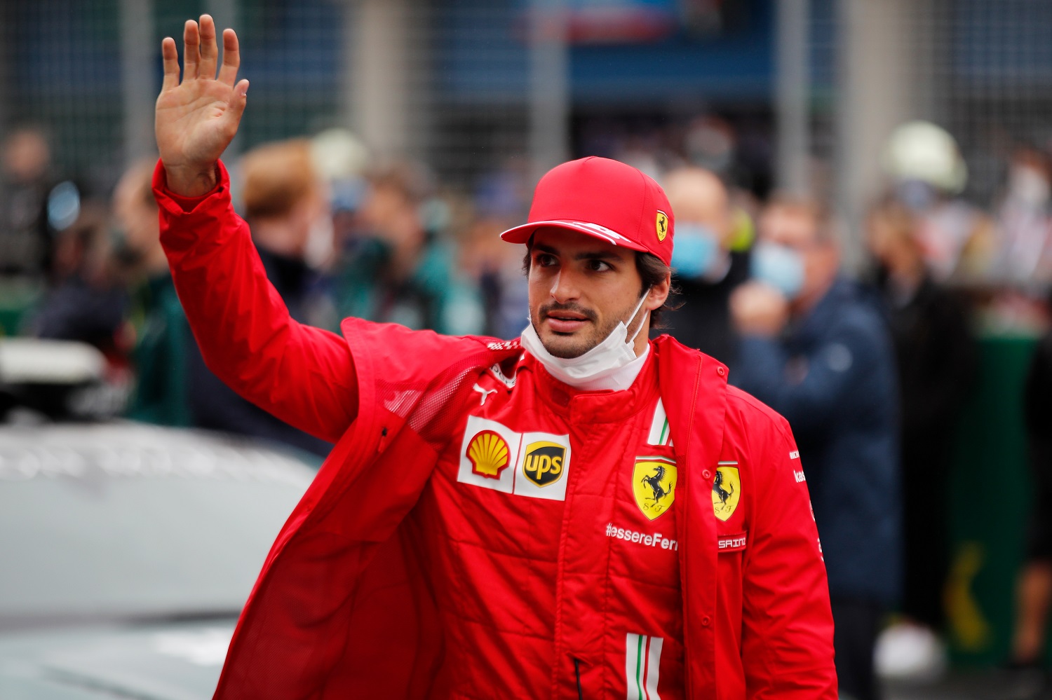 Carlos Sainz Jr. of Spain and Ferrari waves to the crowd before the Formula 1 Grand Prix of Turkey.