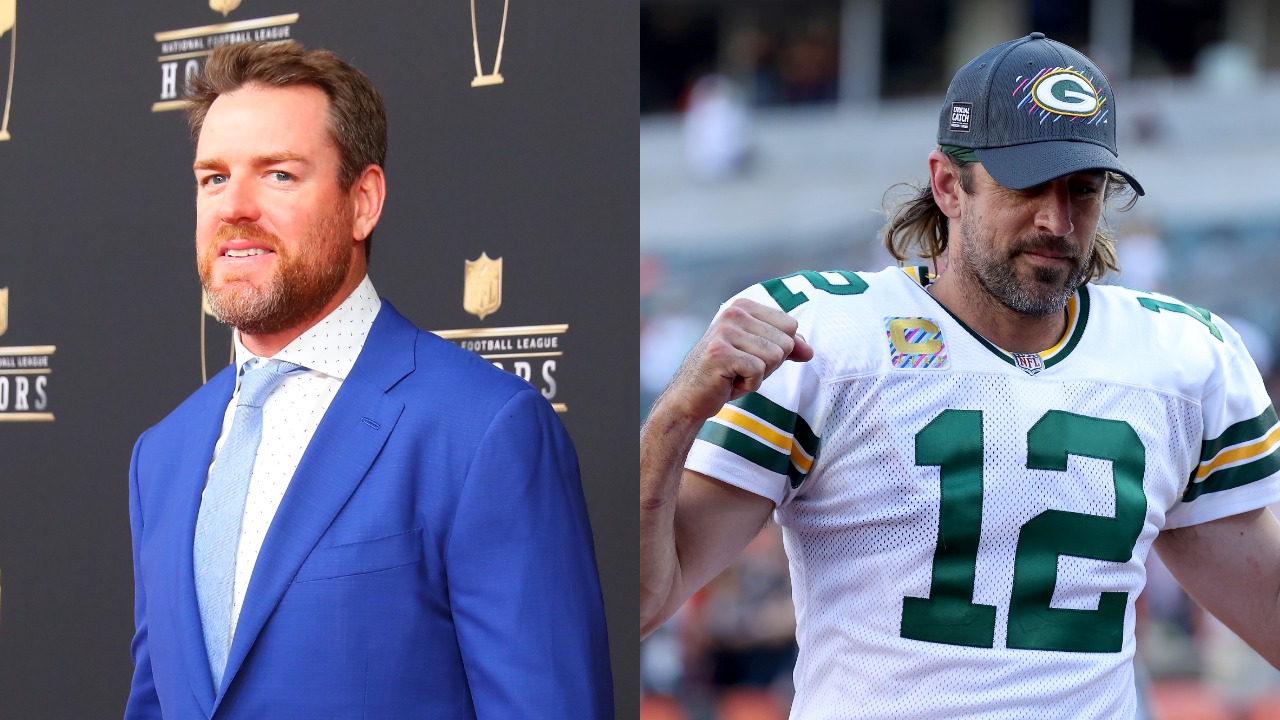 Carson Palmer posing for a photo; Green Bay Packers QB Aaron Rodgers leaves the field