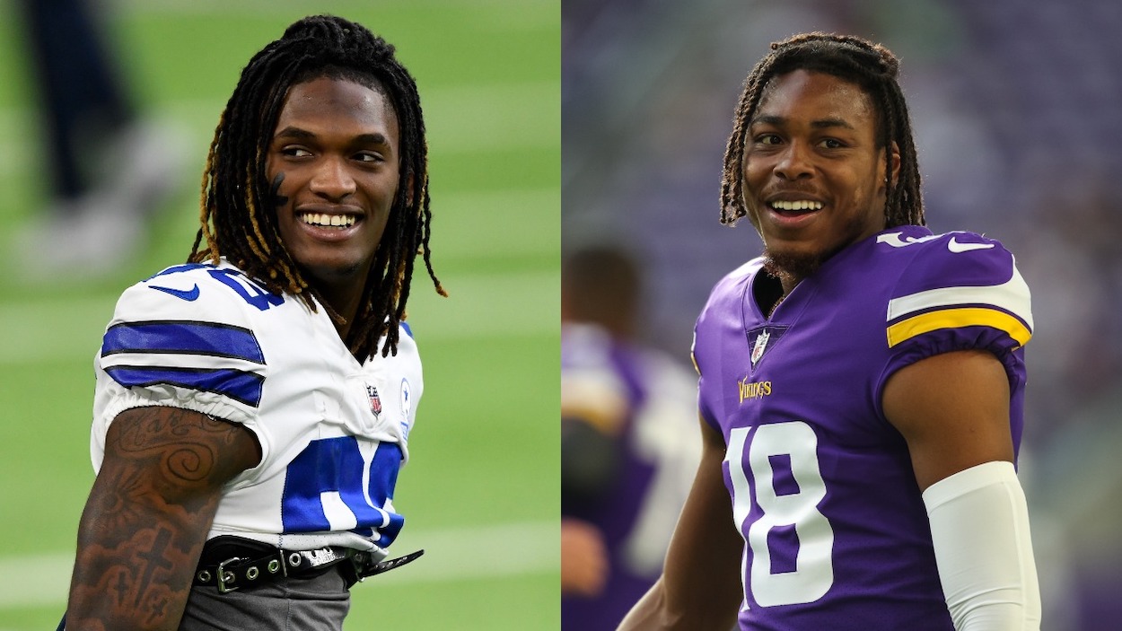 (L-R) CeeDee Lamb of the Dallas Cowboys looks on prior to their game against the Minnesota Vikings at U.S. Bank Stadium on November 22, 2020 in Minneapolis, Minnesota; Justin Jefferson of the Minnesota Vikings looks on before the start of a preseason game against the Indianapolis Colts at U.S. Bank Stadium on August 21, 2021 in Minneapolis, Minnesota. The Colts defeated the Vikings 12-10.