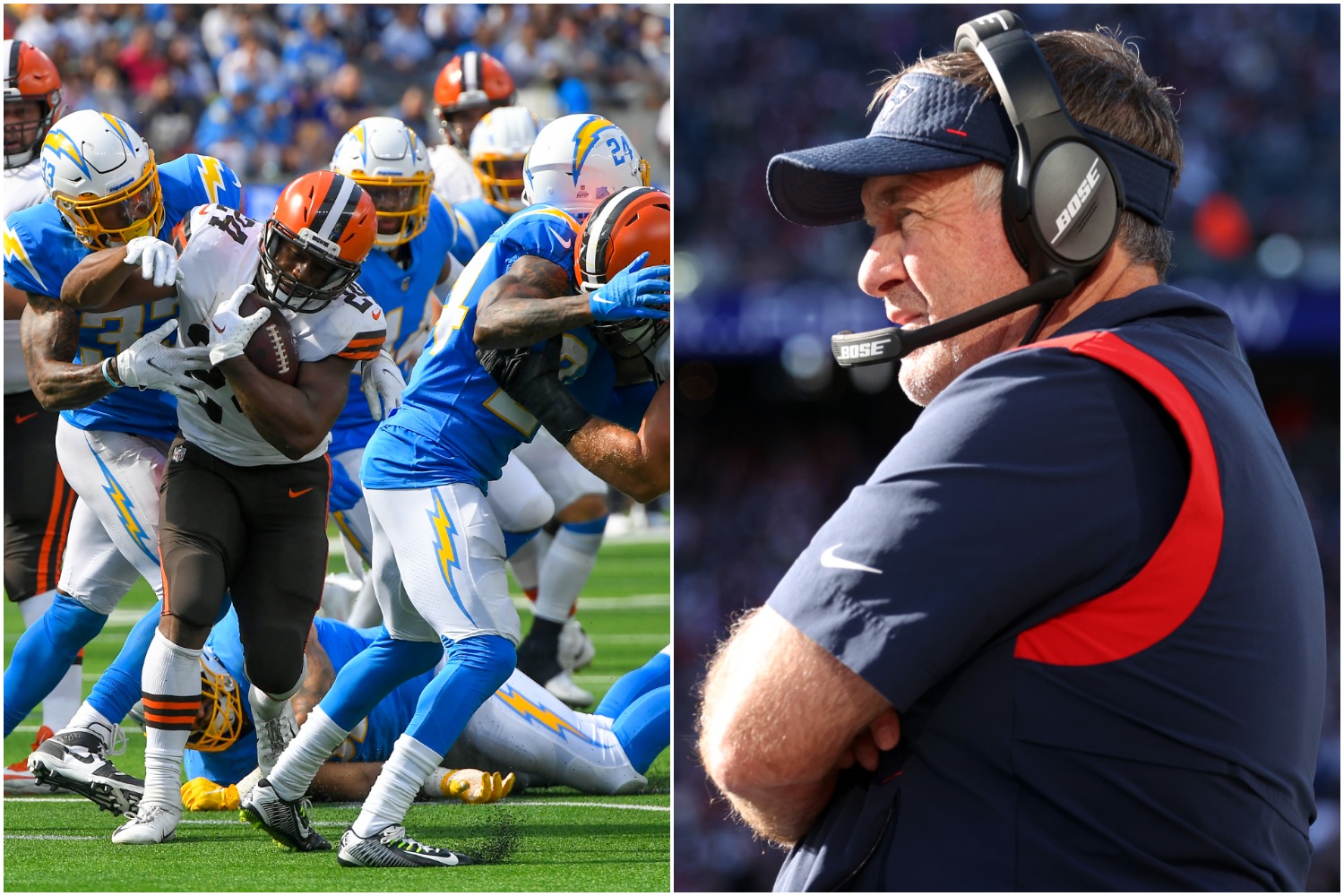 Los Angeles Chargers defenders try to stop Cleveland Browns RB Nick Chubb as New England Patriots head coach Bill Belichick watches his team play.