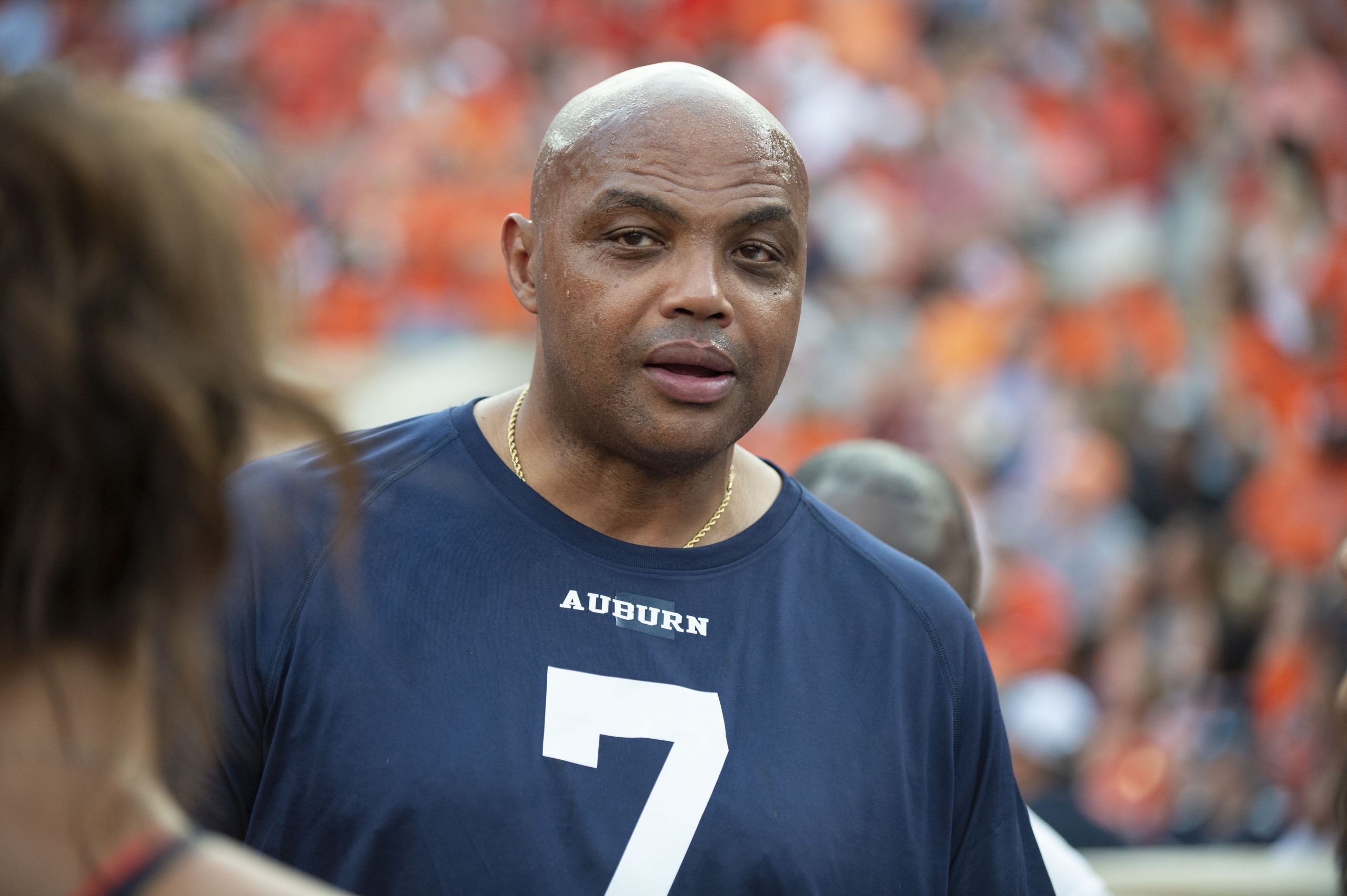 Charles Barkley talks with football fans prior to the matchup between the Auburn Tigers and the Mississippi State Bulldogs in 2019.