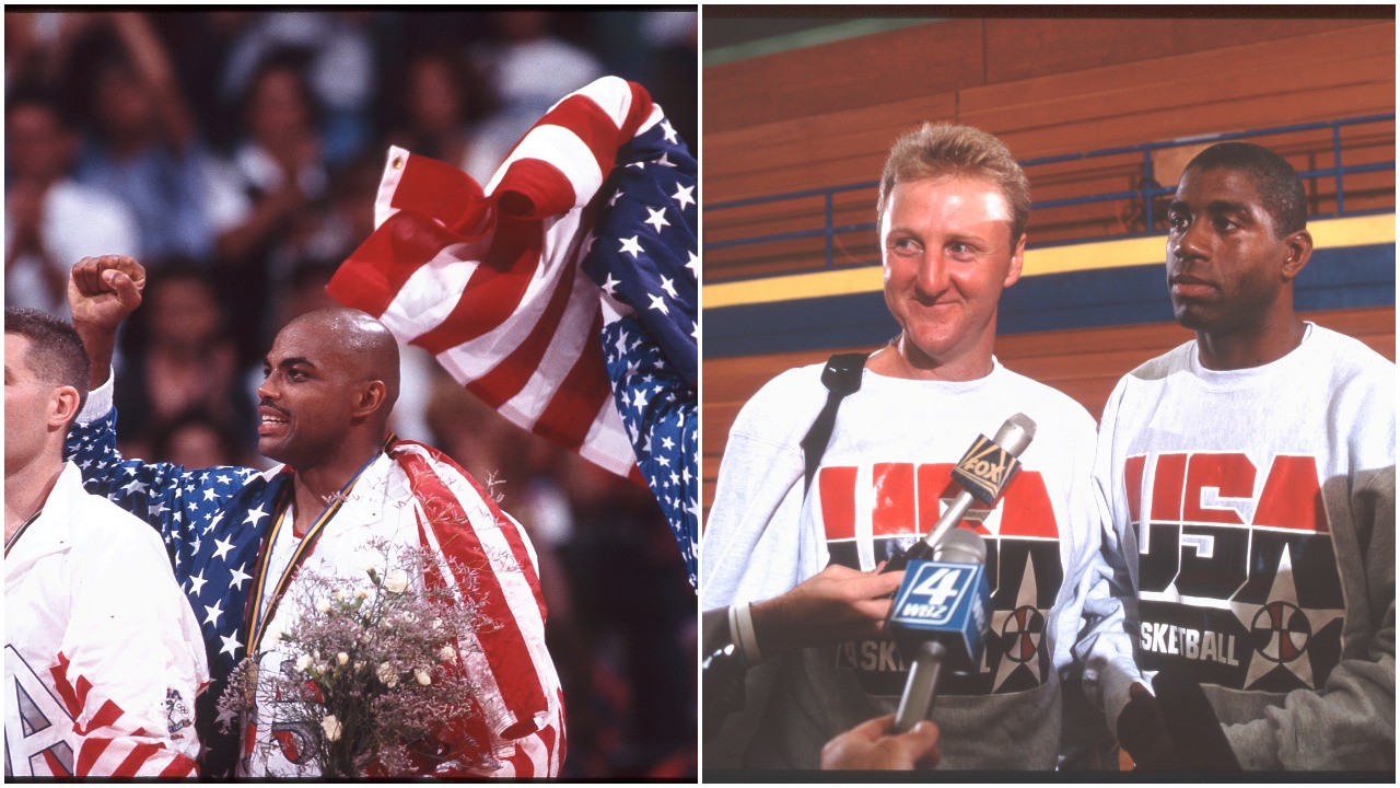 L-R: Charles Barkley raises a fist on the podium during the 1992 Olympic Games; Larry Bird and Magic Johnson answer questions after a Dream Team practice
