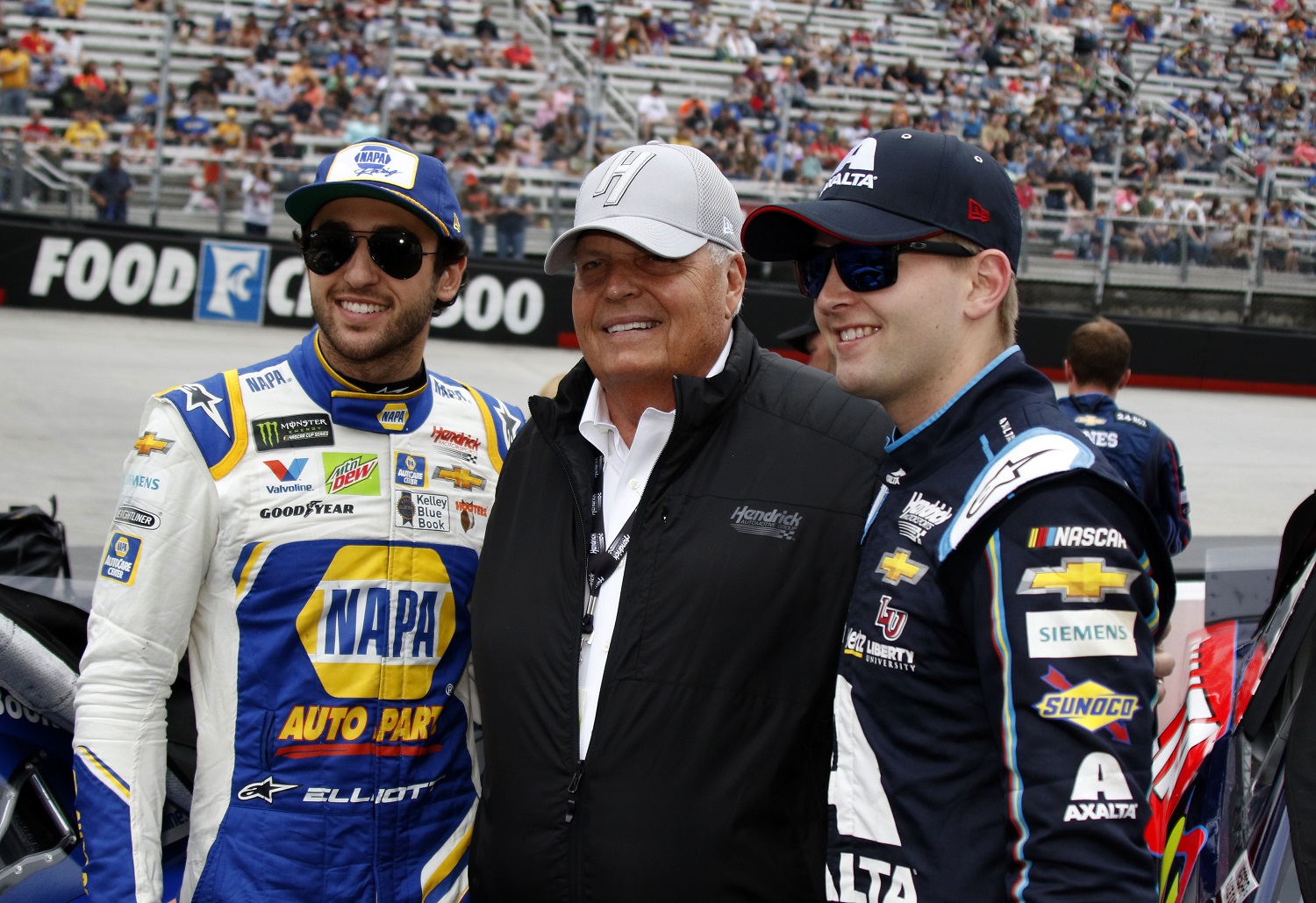 Chase Elliott, NASCAR team owner Rick Hendrick, and William Byron at the Food City 500 on April 7, 2019, at Bristol Motor Speedway.