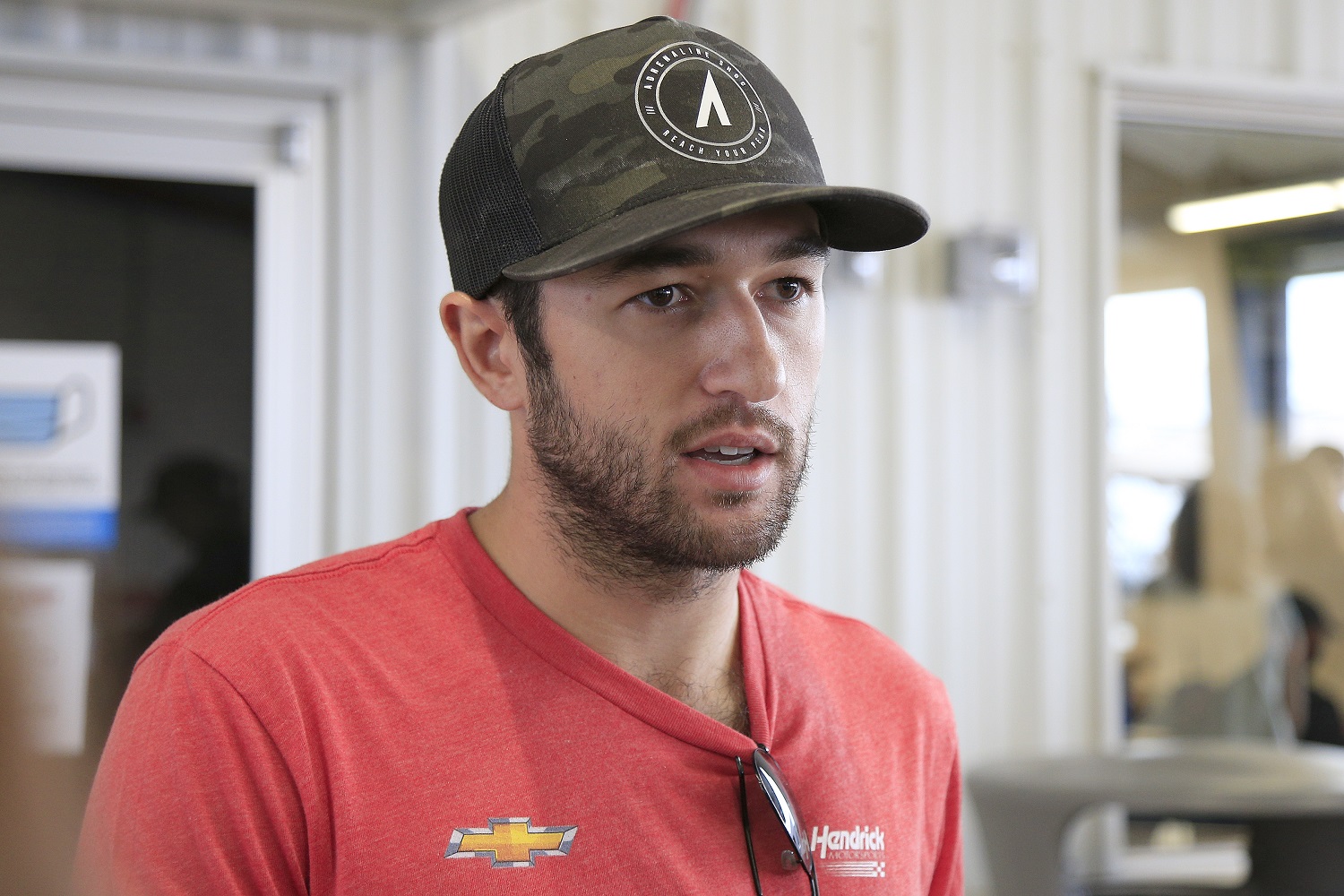 Chase Elliott in the media bullpen prior to the YellaWood 500 NCS race on Oct. 3, 2021, at the Talladega Superspeedway in Talladega, Alabama.
