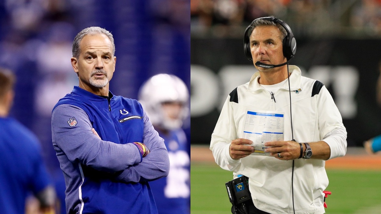 (L-R) Head coach Chuck Pagano of the Indianapolis Colts looks on prior to the game against the Denver Broncos at Lucas Oil Stadium on December 14, 2017 in Indianapolis, Indiana; Jacksonville Jaguars head coach Urban Meyer looks at the scoreboard during the game against the Jacksonville Jaguars and the Cincinnati Bengals on September 30, 2021, at Paul Brown Stadium in Cincinnati, OH.