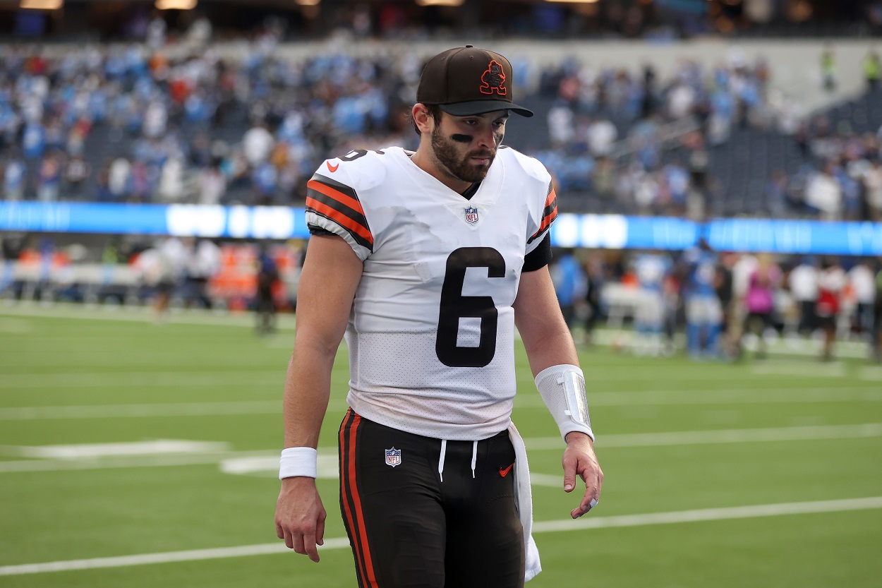 Baker Mayfield of the Cleveland Browns walks away from a game in Los Angeles dejected after a loss.
